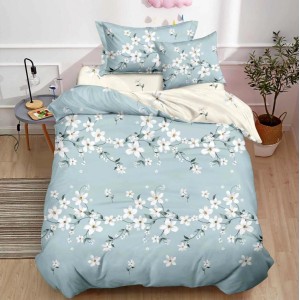 Lenjerie pat 1 PERSOANA,  FINET, 4 piese, cu ELASTIC, Bleu, flori