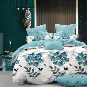 Lenjerie pat dublu,  FINET, 6 piese, cu ELASTIC, Bleu, flori, inimioare