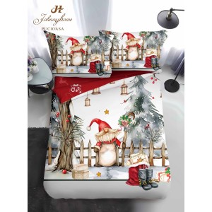 Lenjerie pat 1 PERSOANA, BUMBAC FINET, 4 piese, Identică cu Poza, Craciun, Alb, Gri, peisaj de Crăciun, Moș Nicolae