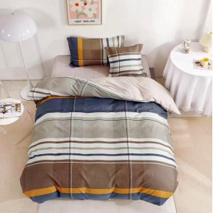 Lenjerie pat 1 PERSOANA,  FINET, 4 piese, cu ELASTIC, Albastru-Maro, dungi