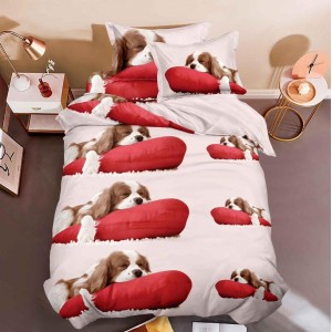 Lenjerie pat 1 PERSOANA, 3 piese, IMPRIMEU 3D Multiplicat, Microfibra, Rosu, catei Lenjerie pat 1 PERSOANA, 3 piese, IMPRIMEU 3D Multiplicat, Microfibra, Rosu, catei