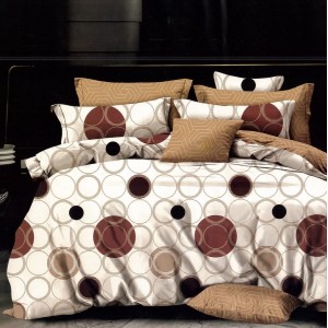 Lenjerie pat dublu,  FINET, 6 piese, cu ELASTIC, Maro, cercuri