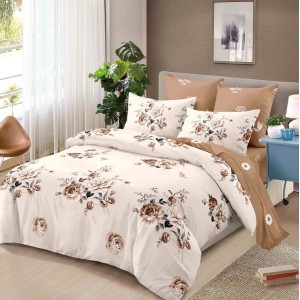 Lenjerie pat dublu,  FINET, cu elastic, 6 piese, Bej, flori