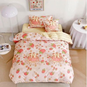 Lenjerie pat 1 PERSOANA,  FINET, 4 piese, cu ELASTIC, Roz, flori, capsuni