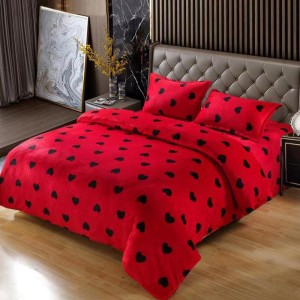 Lenjerie pentru Pat Dublu, Cocolino Premium, 4 Piese – Plușată, Groasă, și Călduroasă, Ideală pentru Iarnă –  Confort Maxim, Antișifonare, Rosu, inimioare