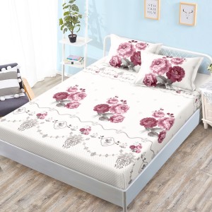 Cearsaf cu elastic, Bumbac FINET, 160x200cm, 2 fete de perne 50x70cm, Alb, Roz, Flori