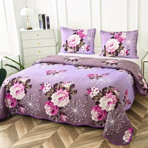 Cuvertură Matlasată din Bumbac Satinat, cu Bordură în Valuri (220x230 cm) + 2 Fețe de Pernă (60x80 cm), Lila, Flori