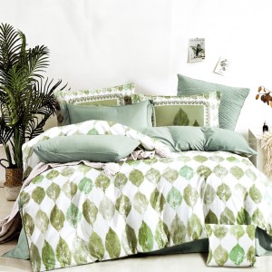 Lenjerie pat dublu, bumbac satinat, cu doua feţe, 4 piese,  Alb, Verde, Frunze