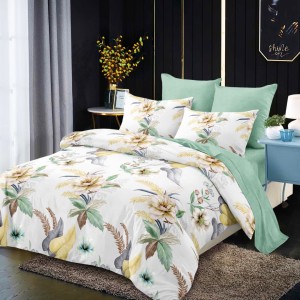 Lenjerie pat dublu,  FINET, cu elastic, 6 piese, Alb, Verde, Flori