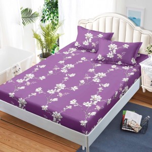 Cearsaf cu elastic, Bumbac FINET, 160x200cm, 2 fete de perne 50x70cm, Mov, Flori