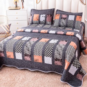 Cuvertură Pat Dublu, Catifea Matlasată, 230x250 cm, 2 fete de perna 60x80cm, Gri, Forme Geometrice