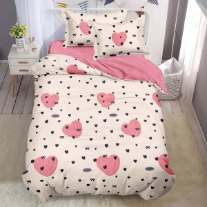 Lenjerie pat 1 PERSOANA,  FINET, 4 piese, cu ELASTIC, Crem, Roz, inimioare