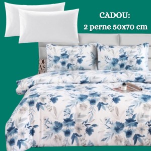 Lenjerie de Pat 4 Piese din Bumbac Satinat cu Cearșaf cu Elastic + 2 Perne Cadou 50x70 cm, cod INS-LSG126