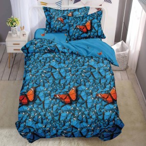 Lenjerie pat 1 PERSOANA,  FINET, 4 piese, cu ELASTIC, Albastru, fluri portocalii