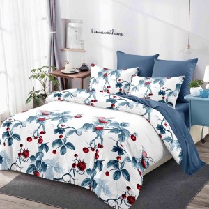 Lenjerie Pat Dublu,  FINET, 6 piese, Alb, Bleumarin, Rosu, Crengute cu Fructe de Padure