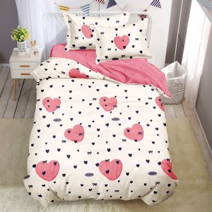 Lenjerie pat 1 PERSOANA, FINET, 4 piese, Crem, Roz, inimioare