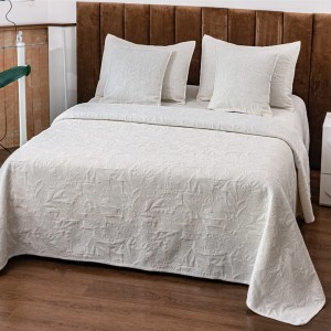 Cuvertură Pat Dublu, Bumbac cu In, Model Brodat Direct în Tesătură, 230x250 cm, 2 fete de perna 52x72cm, 2 fete de perna 46x46cm, Alb, Model Elegant