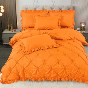 Lenjerie de Pat Premium, Bumbac Finet, Pliuri Brodate cu Volanase, 4 Piese, Nesifonabilă și Durabilă, Portocaliu