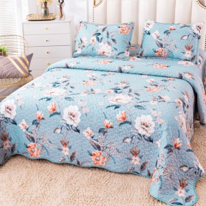 Cuvertură Pat Dublu, Catifea Matlasată, 230x250 cm, 2 fete de perna 60x80cm, Bleu, Flori