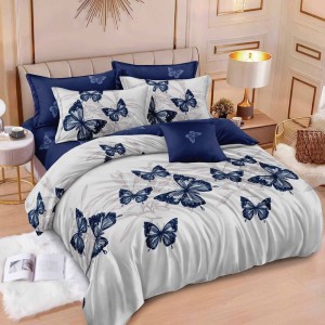 Lenjerie pat dublu,  FINET, 6 piese, Gri, Albastru, fluturi