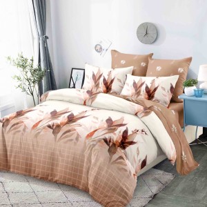 Lenjerie pat dublu,  FINET, cu elastic, 6 piese, Bej, Maro, Degrade, Frunze