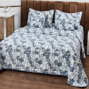 Cuvertură Pat Dublu, Bumbac cu In, Model Brodat Direct în Tesătură, 230x250 cm, 2 fete de perna 52x72cm, 2 fete de perna 46x46cm, Alb, Albastru, Flori
