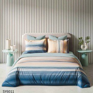 Lenjerie pat dublu,  FINET, Imprimeu Digital, cu ELASTIC, Albastru, Bej, Dungi