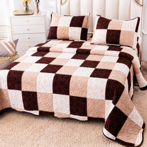 Cuvertură Pat Dublu, Catifea Matlasată, 230x250 cm, 2 fete de perna 60x80cm, Bej, Maro, Patrate