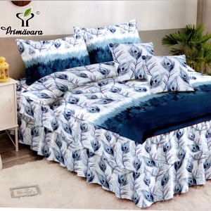 Lenjerie Premium Pat Dublu  FINET, 6 Piese – Volănașe Sofisticate, Fixare Perfectă cu Elastic, Alb, Albastru, Pene de Paun