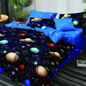 Lenjerie Pat Dublu,  FINET, 6 piese, Albastru, planete, stele