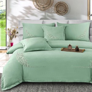 Lenjerie Pat Dublu, Bumbac Neted Fin, Broderie Rafinata, CEARSAF CU ELASTIC, 6 piese, Menta