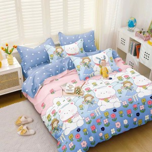 Lenjerie pat dublu cu doua feţe, bumbac satinat, 4 piese,  Roz, Bleu, ursuleti