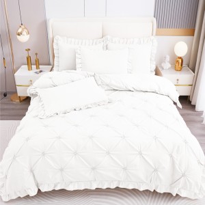 Lenjerie de Pat Premium, Bumbac Finet, Pliuri Brodate cu Volanase, 4 Piese, Nesifonabilă și Durabilă, Alb