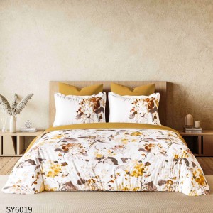 Lenjerie pat dublu,  FINET, Imprimeu Digital, cu ELASTIC, Alb, Maro, Flori