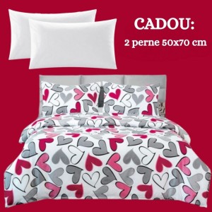 Lenjerie de Pat 4 Piese din Bumbac Satinat cu Cearșaf cu Elastic + 2 Perne Cadou 50x70 cm, cod INS-LSG502