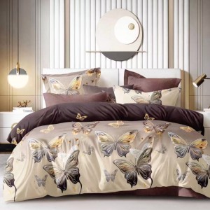 Lenjerie Pat Dublu,  FINET, 6 piese, Bej, Maro, Degrade, Fluturi
