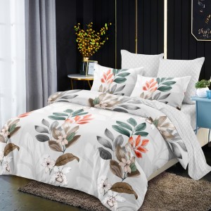 Lenjerie pat dublu,  FINET, cu elastic, 6 piese, Gri, Frunze