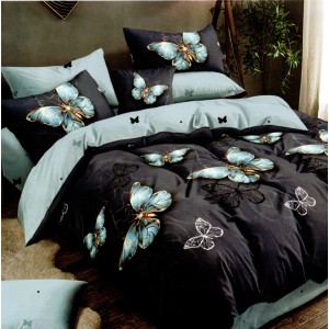 Lenjerie pat dublu, bumbac satinat, cu doua feţe, 4 piese,  Bleumarin, Fluturi