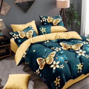 Lenjerie Pat Dublu,  FINET, 6 piese, Verde, galben, fluturi