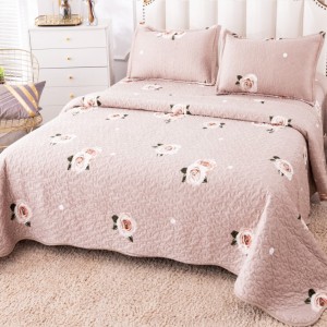Cuvertură Pat Dublu, Catifea Matlasată, 230x250 cm, 2 fete de perna 60x80cm, Bej, Flori