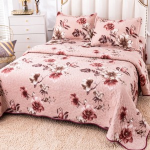 Cuvertură Pat Dublu, Catifea Matlasată, 230x250 cm, 2 fete de perna 60x80cm, Roz, Flori