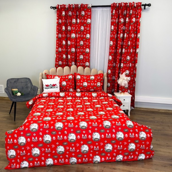 Set Lenjerie Pat Dublu 4 Piese + 2 Draperii 150x235cm din Bumbac Ranforsat – Confort și Eleganță, Fabricat în România, Rosu, Alb, Iepurasi [1]
