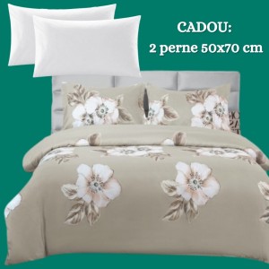 Lenjerie de Pat 4 Piese din Bumbac Satinat cu Cearșaf cu Elastic + 2 Perne Cadou 50x70 cm, cod INS-LSG159