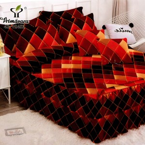 Lenjerie Premium Pat Dublu  FINET, 6 Piese – Volănașe Sofisticate, Fixare Perfectă cu Elastic, Roșu, Romburi