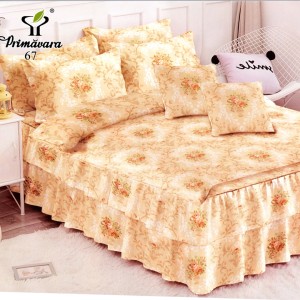 Lenjerie Premium Pat Dublu  FINET, 6 Piese – Volănașe Sofisticate, Fixare Perfectă cu Elastic, Bej, Flori