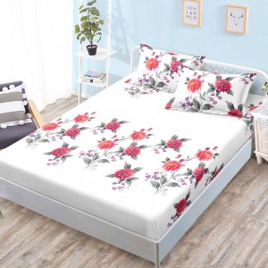 Cearsaf cu elastic, Bumbac FINET, 160x200cm, 2 fete de perne 50x70cm, Alb, Flori