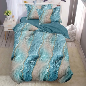 Lenjerie pat 1 PERSOANA,  FINET, 4 piese, cu ELASTIC, Albastru, Gri, valuri, abstract