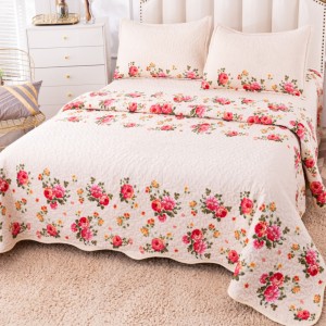 Cuvertură Pat Dublu, Catifea Matlasată, 230x250 cm, 2 fete de perna 60x80cm, Crem, Flori