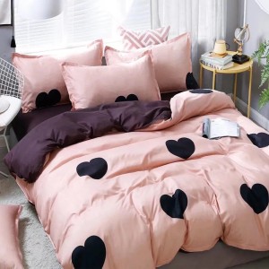 Lenjerie pat dublu, bumbac satinat, cu doua feţe, 4 piese,  Roz Prăfuit, Violet, inimioare