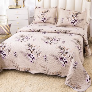 Cuvertură Pat Dublu, Catifea Matlasată, 230x250 cm, 2 fete de perna 60x80cm, Bej, Flori